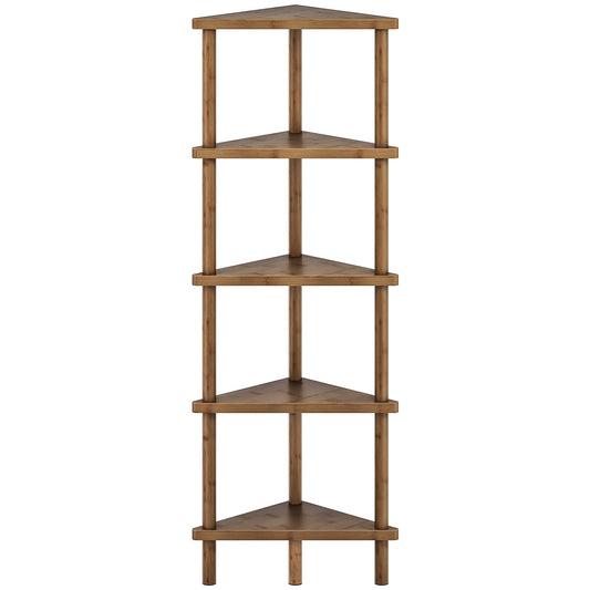 HOOBRO Corner Shelf Stand, 5-Tier Bamboo Corner Bookshelf, Plant Display Shelf, Corner Bookcase, Multipurpose Shelving Unit for Small Space, Living Room, Easy Assembly, Mocha MA20CJ01