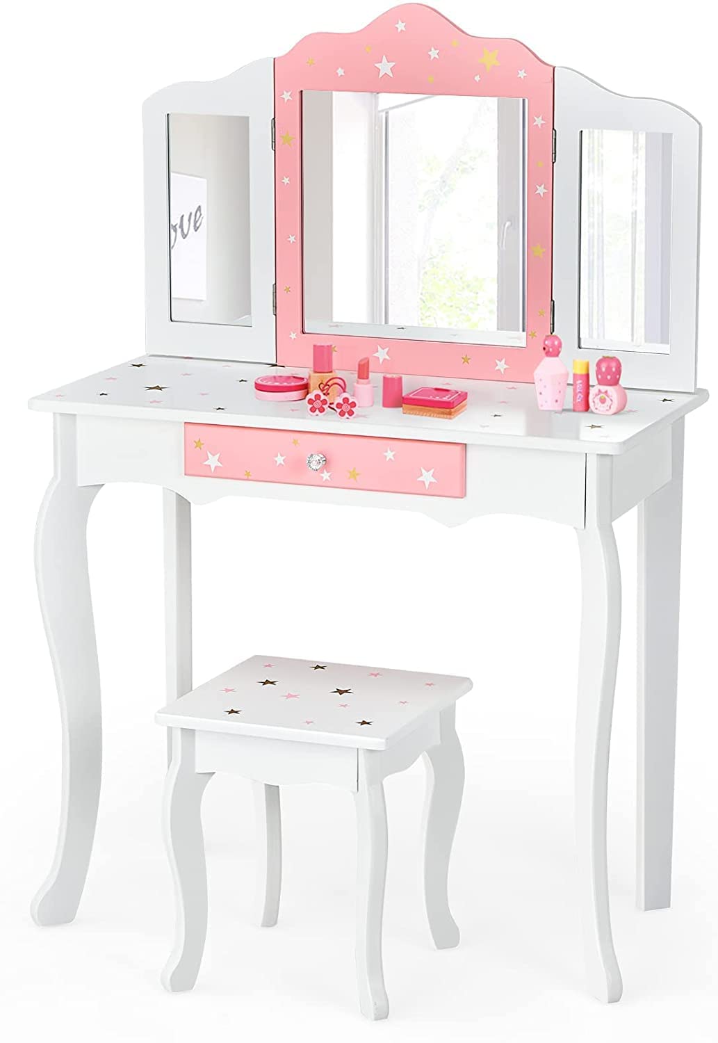 HONEY JOY Kids Vanity, Wooden Princess Makeup Dressing Table with Stool & Drawer, Tri-Folding Mirror, Detachable Top, Toddler Pretend Play Vanity Set for Little Girls (White)
