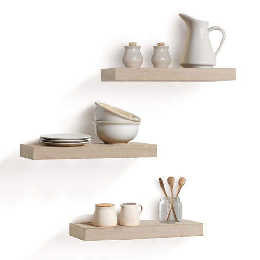 AHDECOR Floating Shelves, Wall Mounted Set of 3 Rustic Wooden Ledge Shelves Decorative for Bedroom, Office, Kitchen, Living Room - Sleek Design, Sturdy and Easy to Install