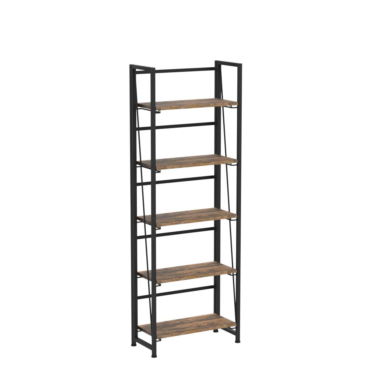 4NM No Assembly Folding Bookshelf, 5-Shelf 62.2" H Collapsible Foldable Bookcase Storage for Small Spaces, Rustic Brown and Black