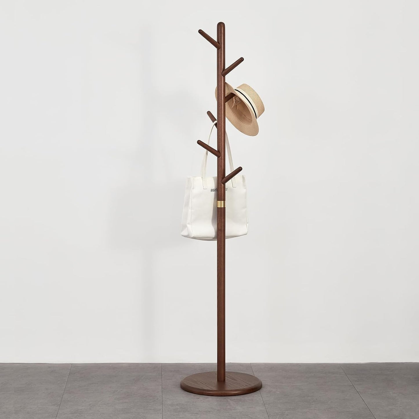 Homruilink Coat Rack, Solid Wood Coat Rack Freestanding with 6 Hooks, Wooden Coat Tree Freestanding for Hats, Handbags, Coat Stand for Entryway, Bedroom, Hallway - Fathers Day Gift for Dad (Walnut)