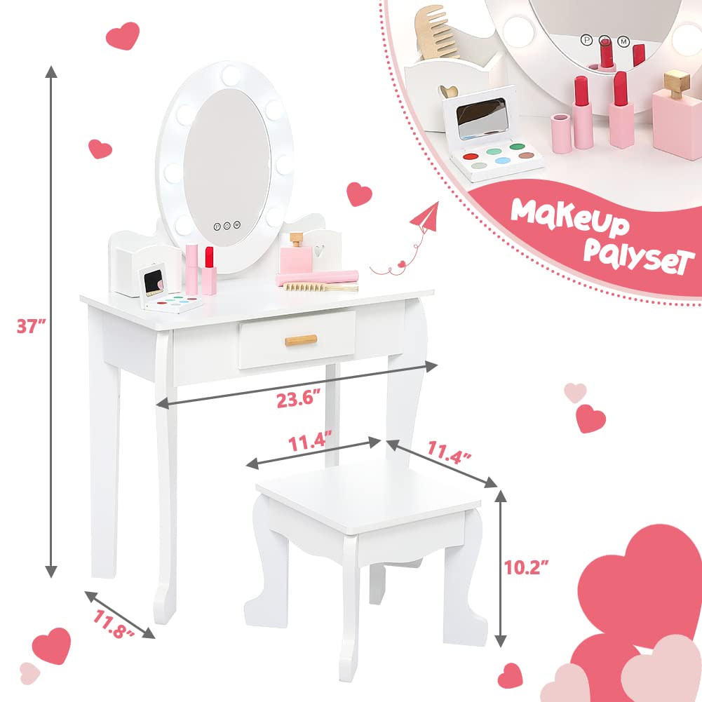 Garvee Kids Vanity Set, Pretend Play Girls Vanity Table and Chair Set with Lighted Mirror, Stool, and Wood Makeup Playset, White