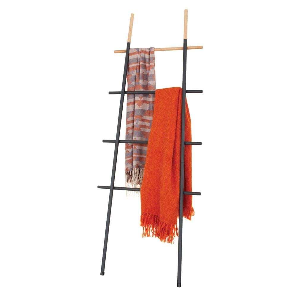 Freestanding Towel Ladder Rack, Space Saving, No-Scratch Wood, for Household Use (Black)