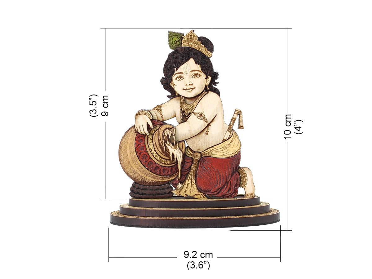 PLEASANTINO - 4 Inch Baby Krishna Makhan Chor Wood Carved Statue in Exotic Hard Woods - Multi Layered Hand Made Wooden Bal Gopal Kahna Idol for Car Dashboard, Home, Office, and Travel