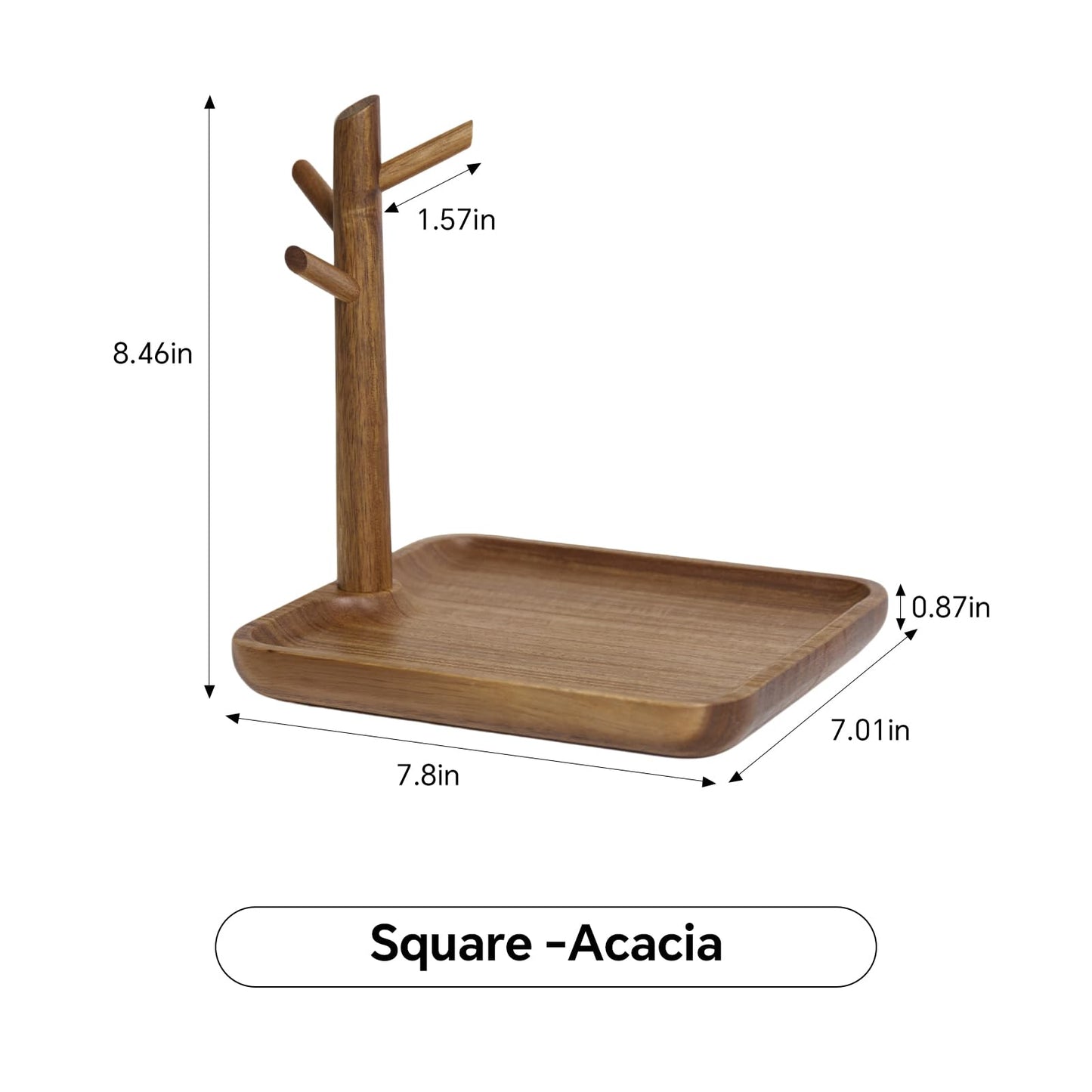 THFLSTR Solid Acacia Wood Key Tray and Bowl for Entryway Table - Jewelry Tray With 3 Hooks, Open Storage for Wallet, Glasses, Watches, Lipstick (Acacia, Square)