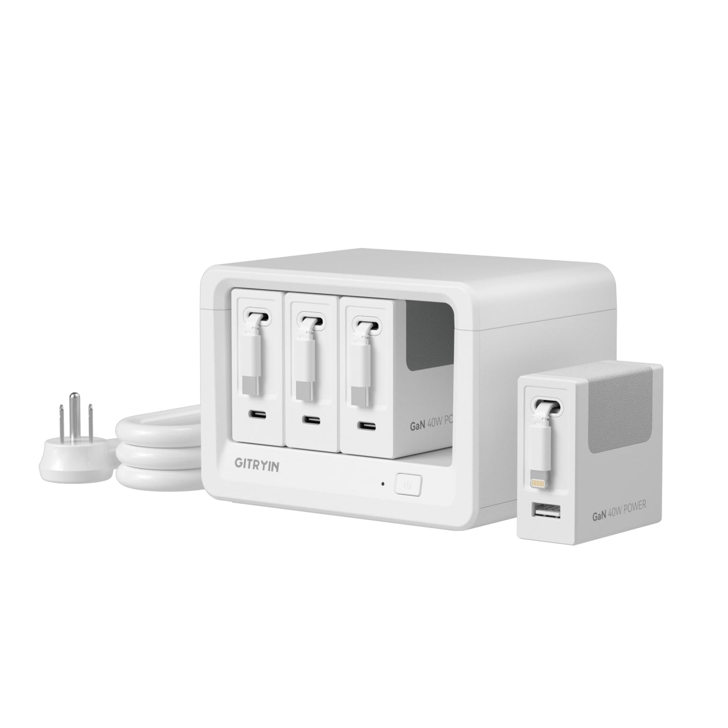 Gitryin 12-in-1 Desktop Charging Station with 3 Retractable Type-C Chargers and 1 Lightning Charger, 160W USB-C Charging Hub with 33.5in Cable, 4 AC, 1 USB A Port, 3 USB C Ports, White