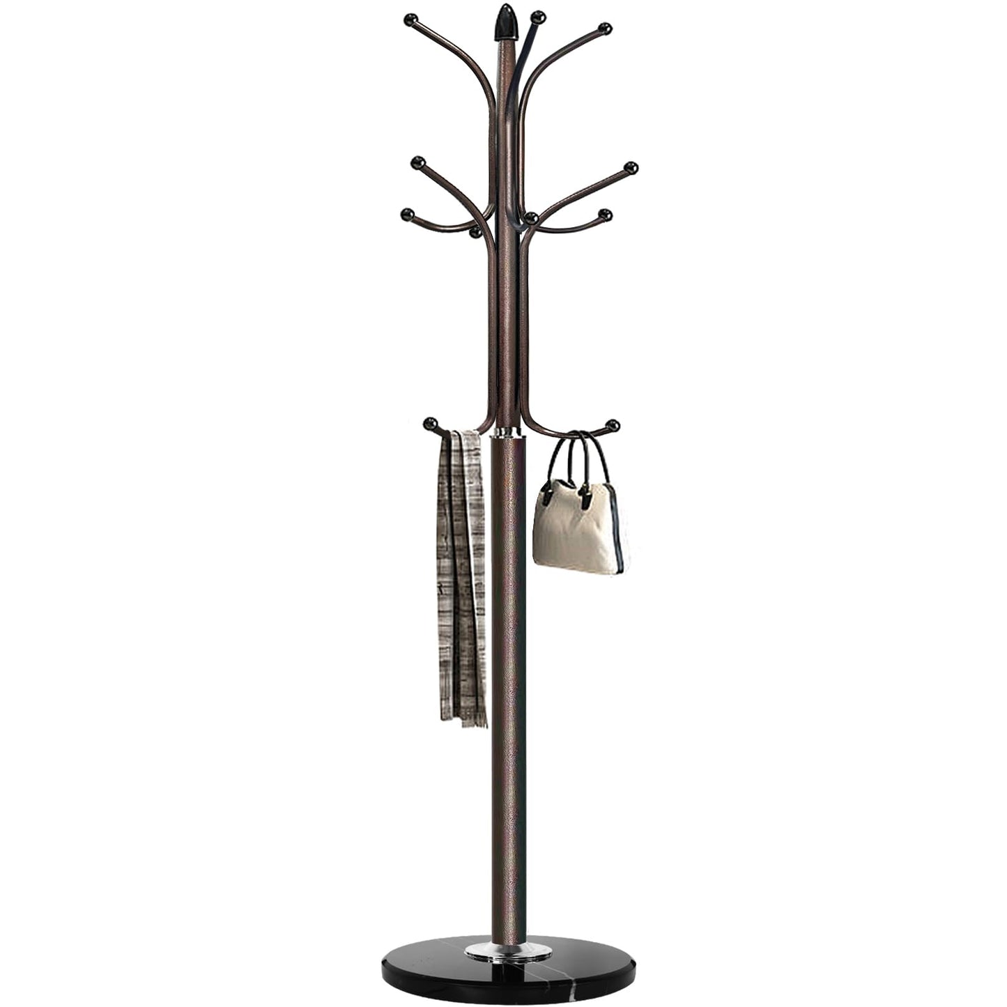 Kertnic Freestanding Coat Rack Stand, Heavy Duty Metal Hall Tree with 12 Hooks, 70 Inch Tall Stable Coat Hanger with 14.6" Natural Marble Base, Entryway Organizer for Coats Bags Hats Purses (Bronze)