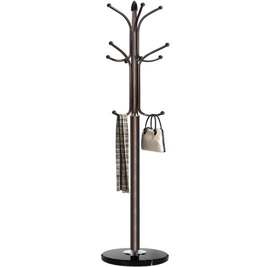 Kertnic Freestanding Coat Rack Stand, Heavy Duty Metal Hall Tree with 12 Hooks, 70 Inch Tall Stable Coat Hanger with 14.6" Natural Marble Base, Entryway Organizer for Coats Bags Hats Purses (Bronze)
