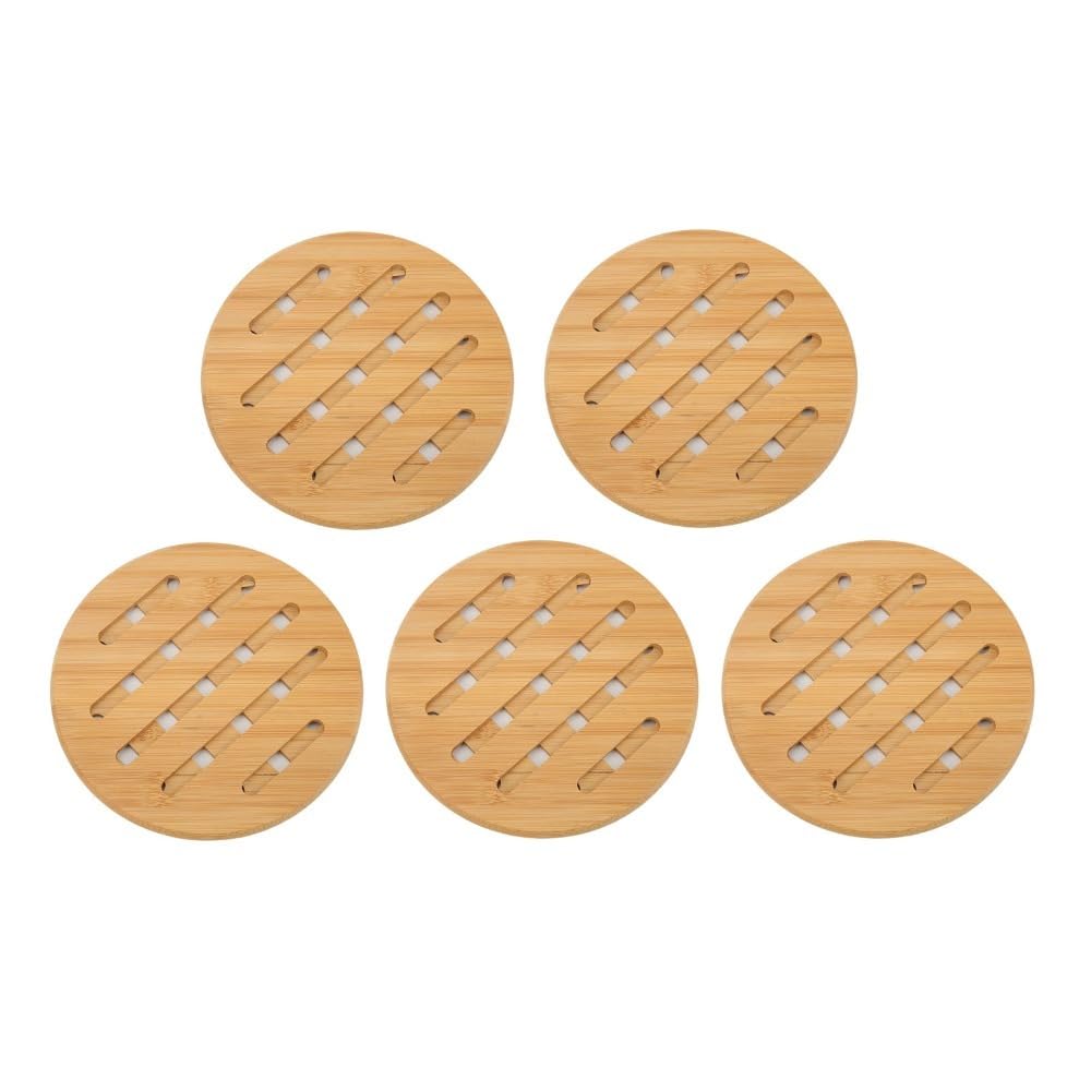 Anu Limen 5 Pcs Wooden Trivet Set - Heat Proof Hot Pads for Pots and Bowls, Non-Slip Insulation Mats for Kitchen Table Protection(Round)