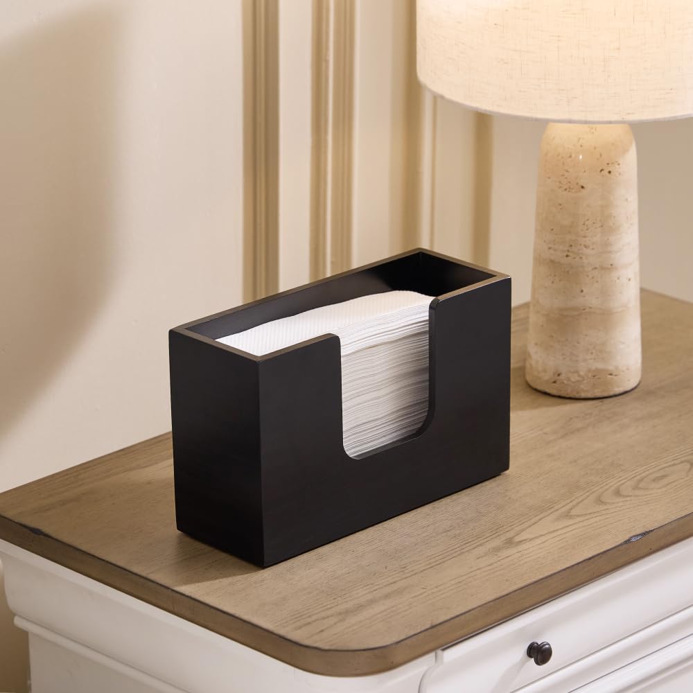 Wooden Paper Towel Dispenser Holder – Wood Napkin & Hand Towel Holder for Countertop, Bathroom, Kitchen & Restaurant, Guest Restroom, Fits C-Fold, Z-Fold & Trifold Paper Towels (1, Black)