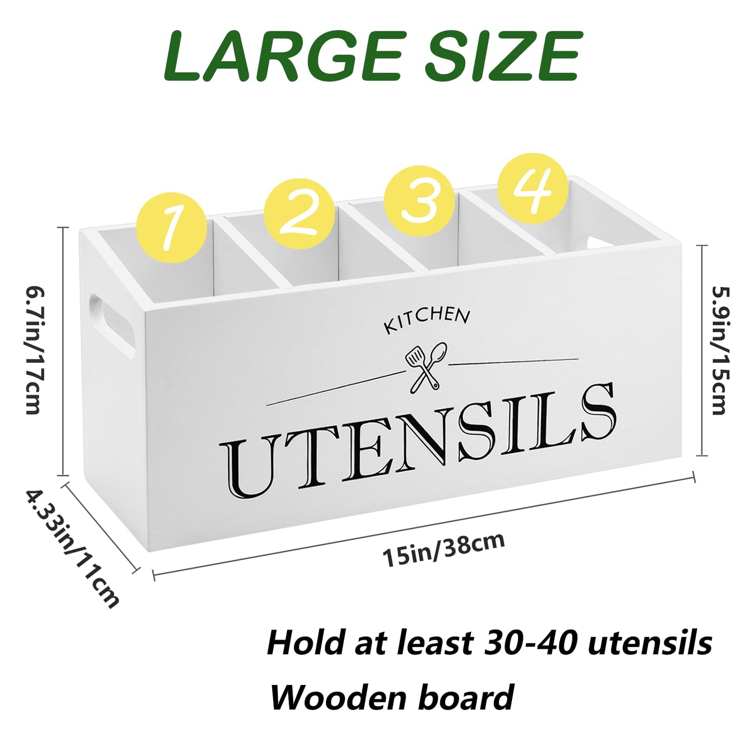 Kitchen Utensil Holder with 4 Compartments, Wooden Utensil Organizer for Countertop, Ideal for Storage and Organization, Rustic Cooking Utensil Kitchen Tool, White