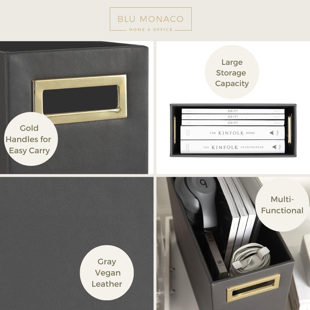 BLU MONACO Magazine Basket: Grey Leather Bathroom Holder – Stylish Modern Rack and Newspaper Stand, Decorative Floor-Mounted Organizer for Elegant Bathroom Storage.
