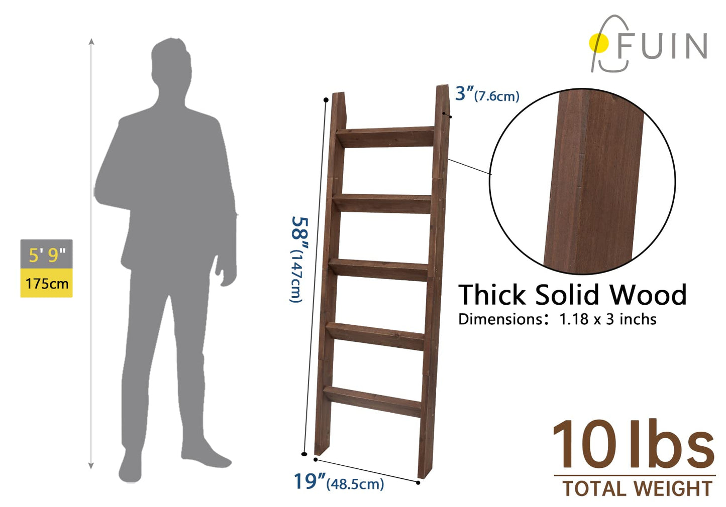 FUIN 5ft (58") Wood Blanket Ladder Living Room Decorative Wall Leaning Farmhouse Quilt Display Holder Storage Rustic Wooden Towel Rack for Bathroom, Brown
