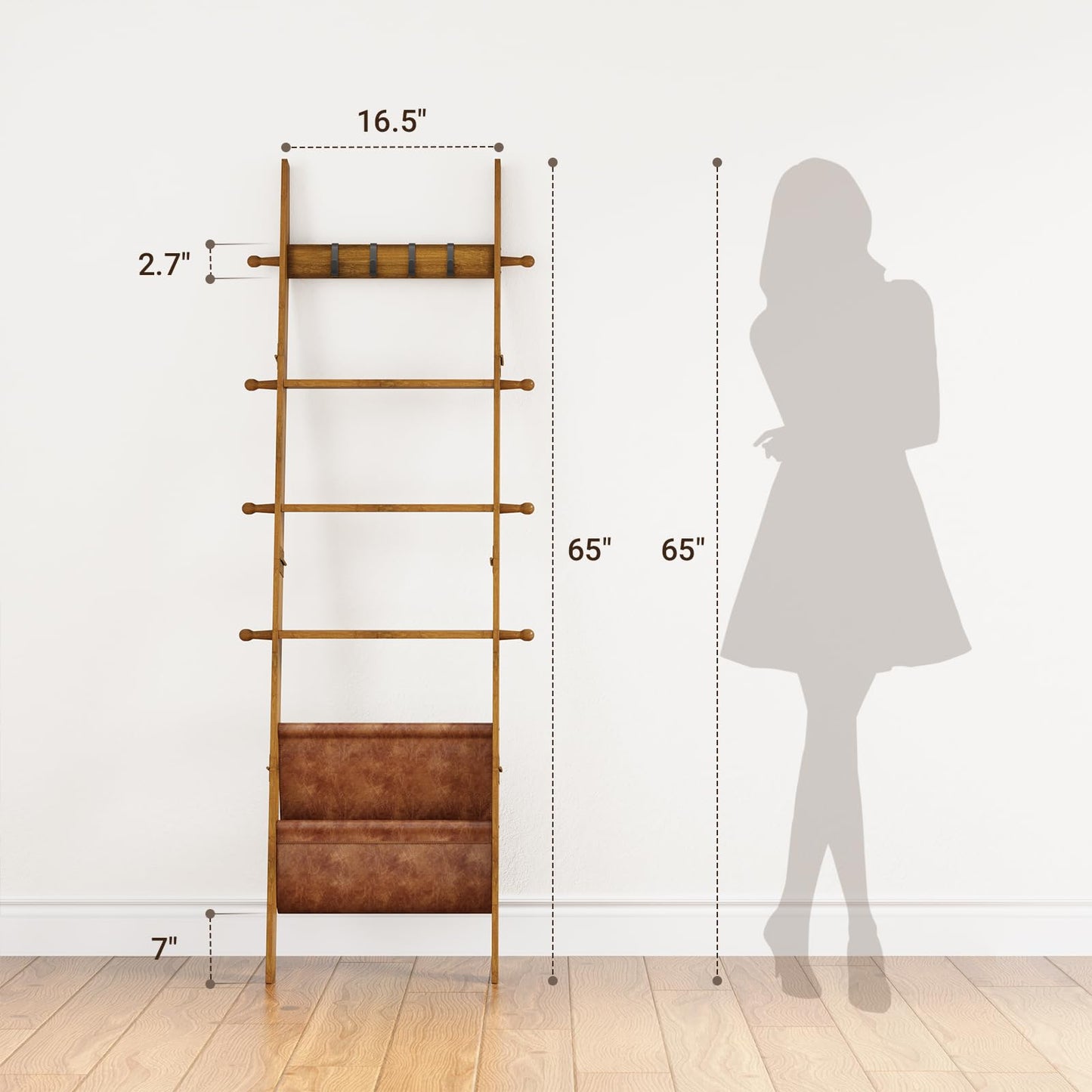 ELYKEN Blanket Ladder for Living Room, 5-Tier Wooden Towel Rack with Synthetic Leather Pocket, 4 Removable Hooks, Decorative Leaning Ladder Shelf for Bedroom, Walnut
