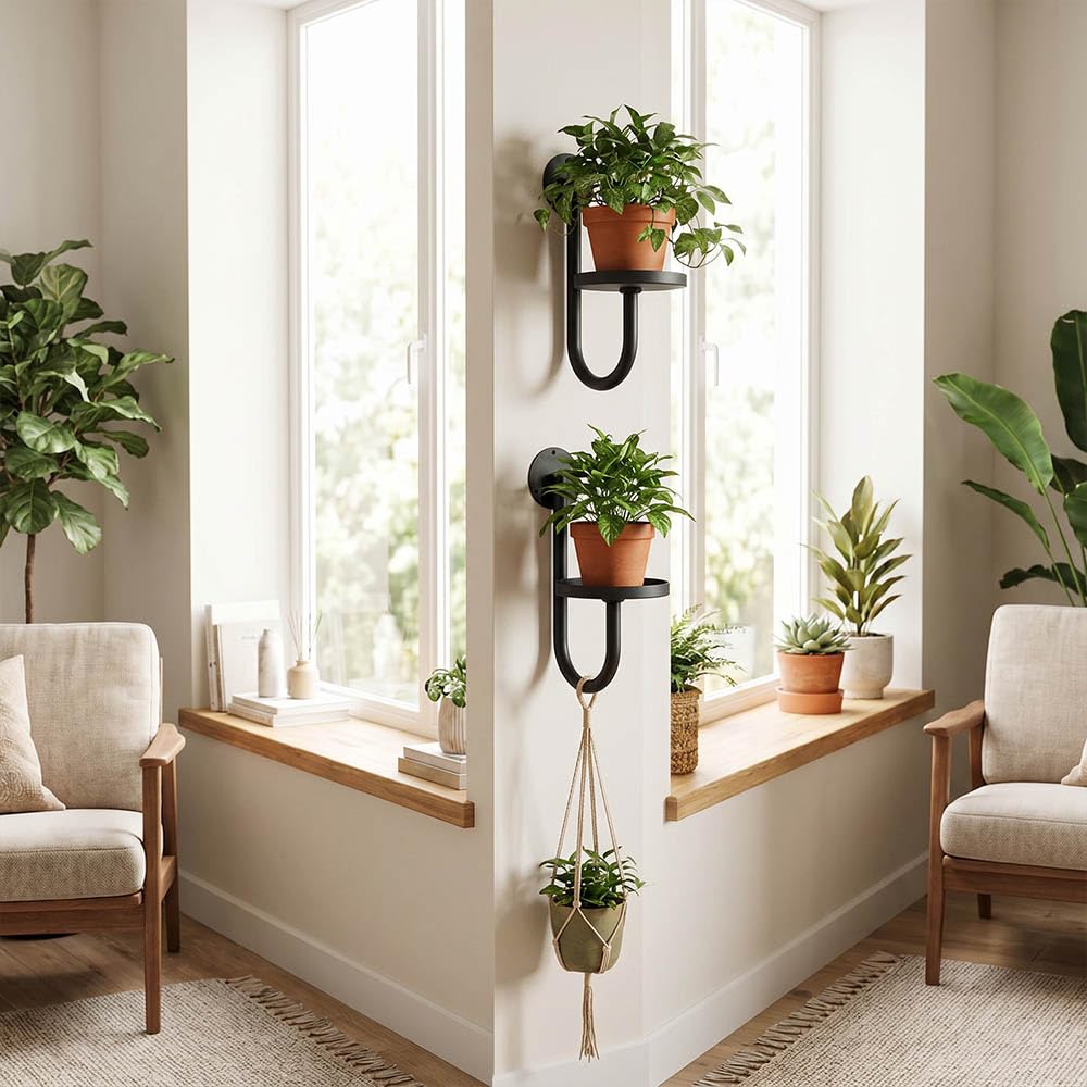 SJBFOOXB Wall Plant Holder Set of 2 for Outdoor, Metal Hanger, Floating Flower Display Stand for Window, Space Saving & Easy to Assemble (Pots/Plants Not Included)