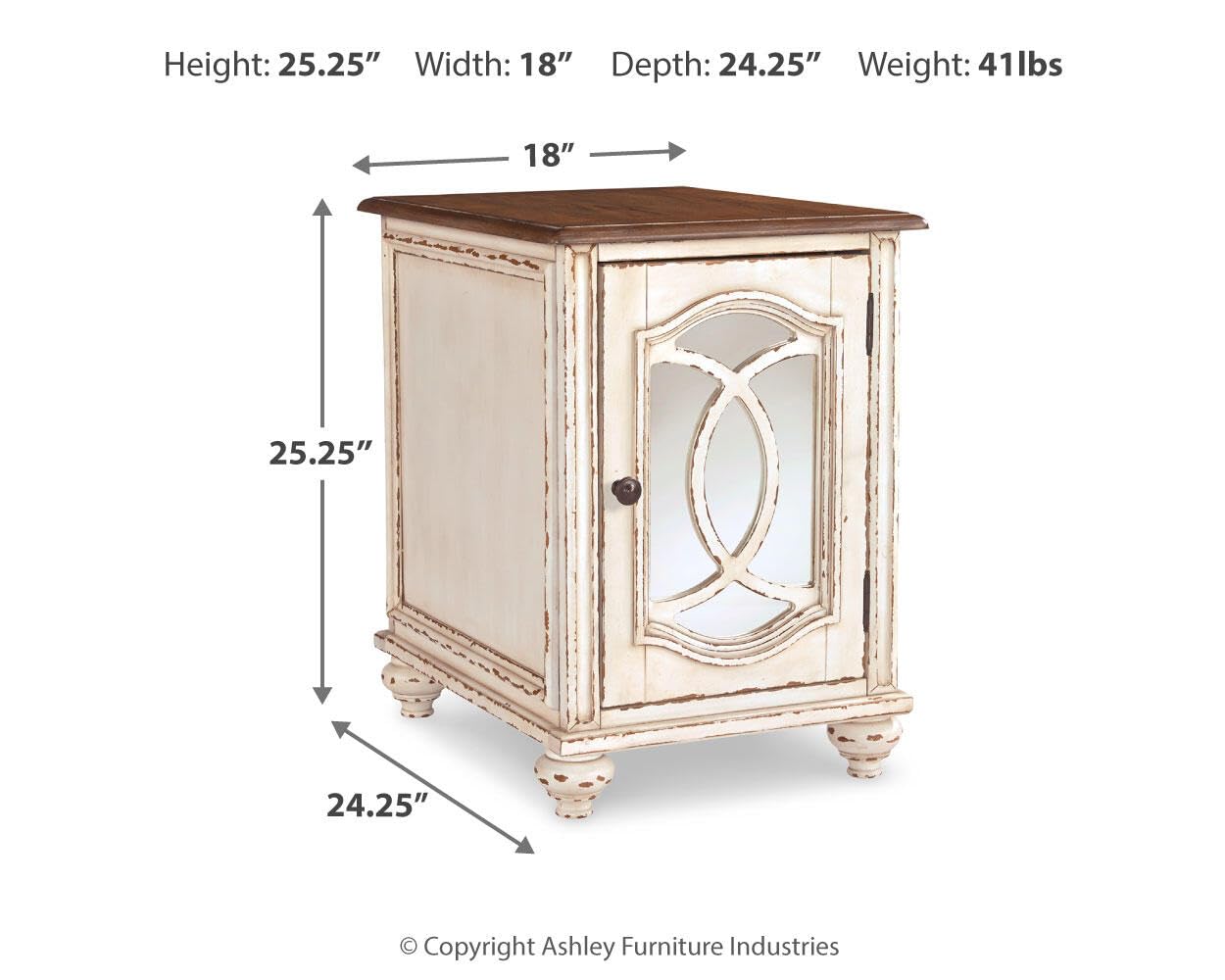 Signature Design by Ashley Realyn Chairside End Table, Living Room Side Table, Antique Two-Tone Mirrored Door, Ash Veneer, Wood and Engineered Wood, White/Brown, 18"W x 24"D x 25"H