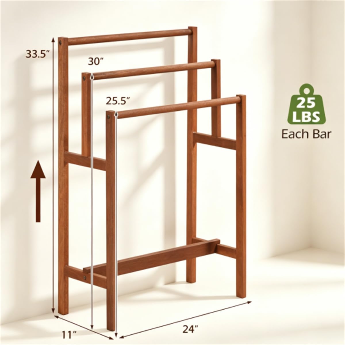3-Tier Freestanding Hardwood Towel Rack, Farmhouse Blanket Ladder for Bathroom & Living Room, Space-Saving Vertical Towel Bar Storage Stand, Natural Solid Wood Quilt Drying Rack