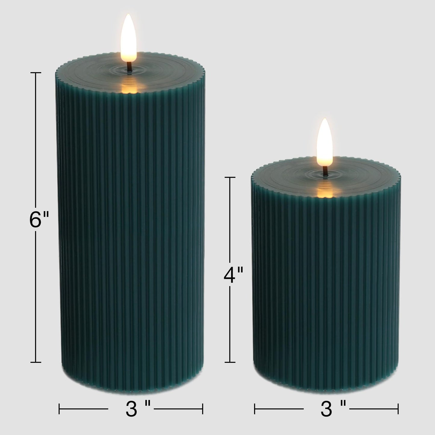 Girimax Green Ribbed Flameless Pillar Candles with Remote, 2 Pack Flickering Battery Operated LED Wax Candles Φ 3" H 4" 6"