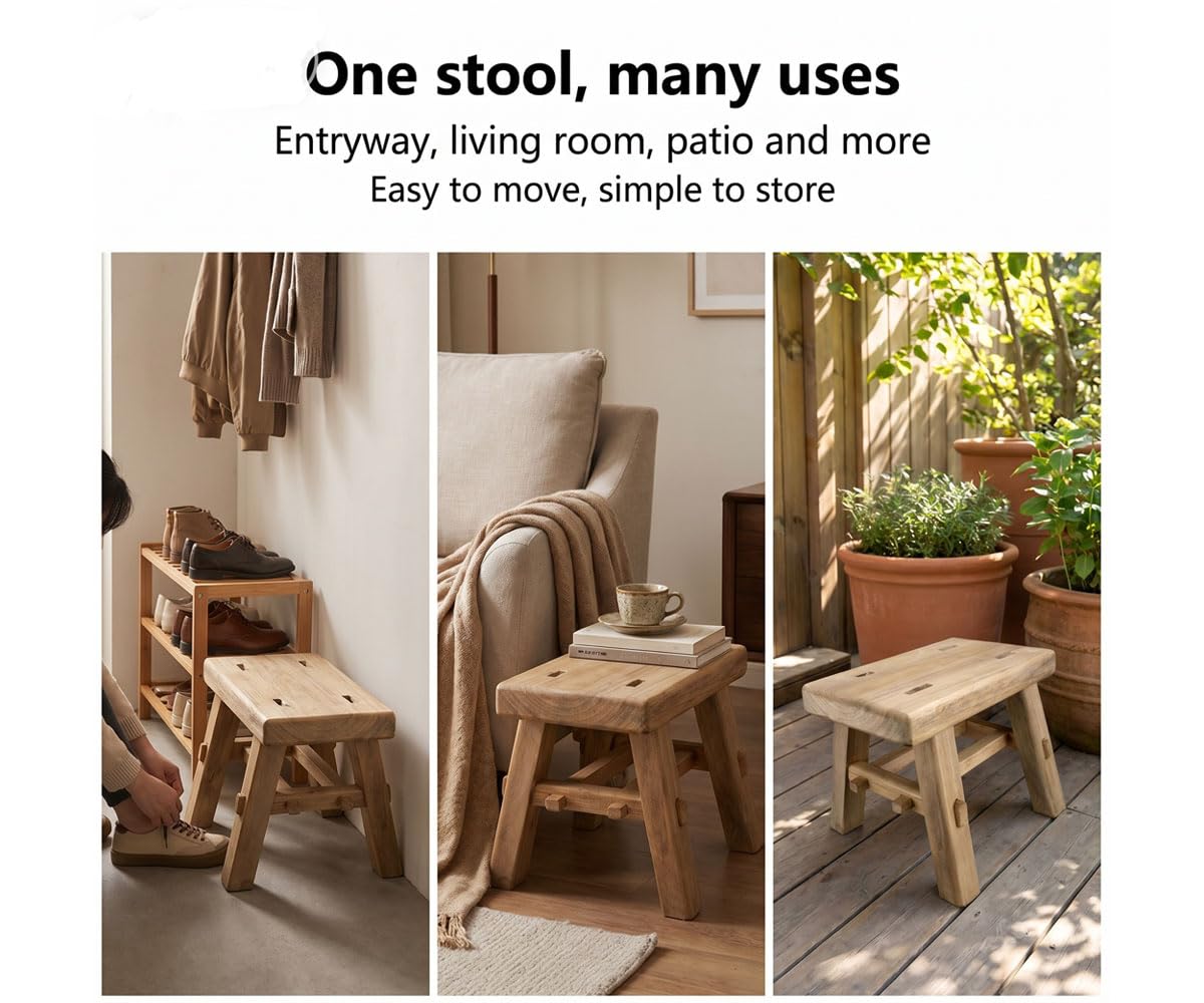 The solid wood footstool uses a mortise and tenon structure, making it a living room shoe bench. It is simple, convenient, and comfortable, and also suitable for camping. It is sturdy and durable