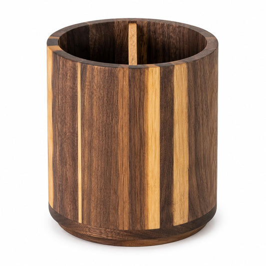 7.5x6.8Inch Large Acacia Wood 360° Rotating Utensil Holder, Round Wooden Kitchen Organizer with Center Divider, Wood Desk Pen Holder, Makeup Brush Holder, Countertop Storage Caddy for Kitchen, Office