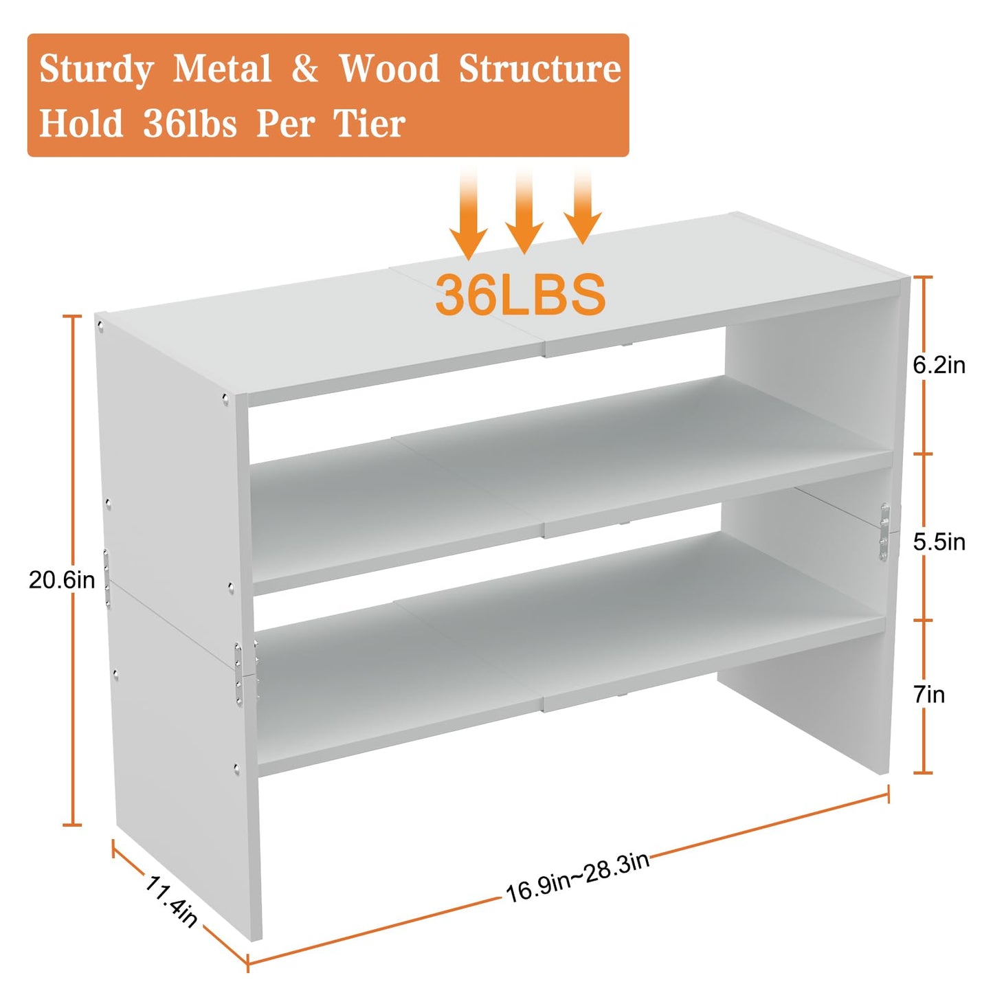White Shoe Rack Organizer for Closet, 3-Tier Expandable Shoe Shelf, Stackable Iron Wood Combination Shoe Racks Shelves for Closets, Entryway,Small Space,Hallway,Garage,Holds 8-16 Pairs of Shoes