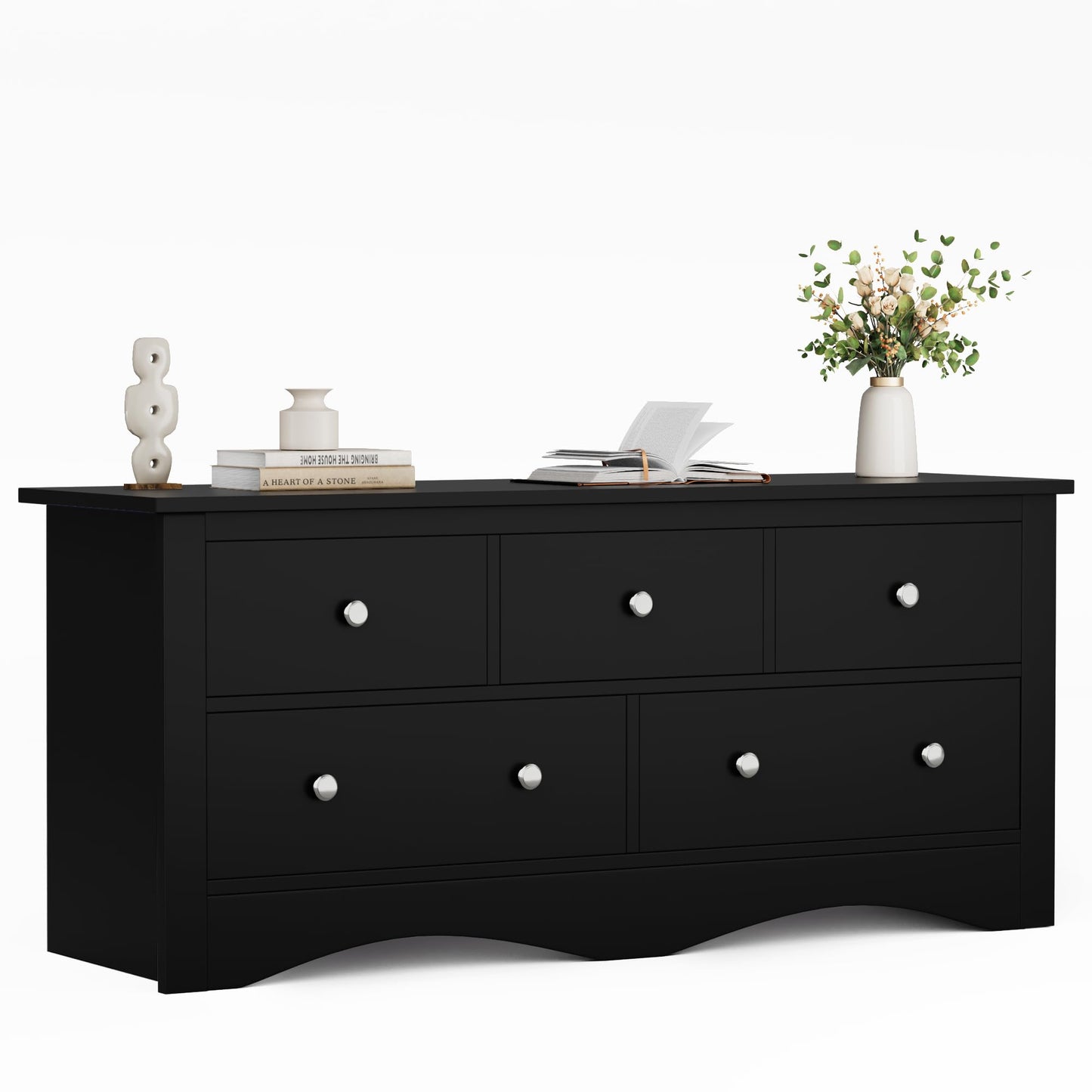 Flamaker Dresser for Bedroom, 5 Drawer Dresser, Wood Dressers, Wide Chest of Drawer, Storage Drawers, Storage Organizer for Closet, Hallway (Black)