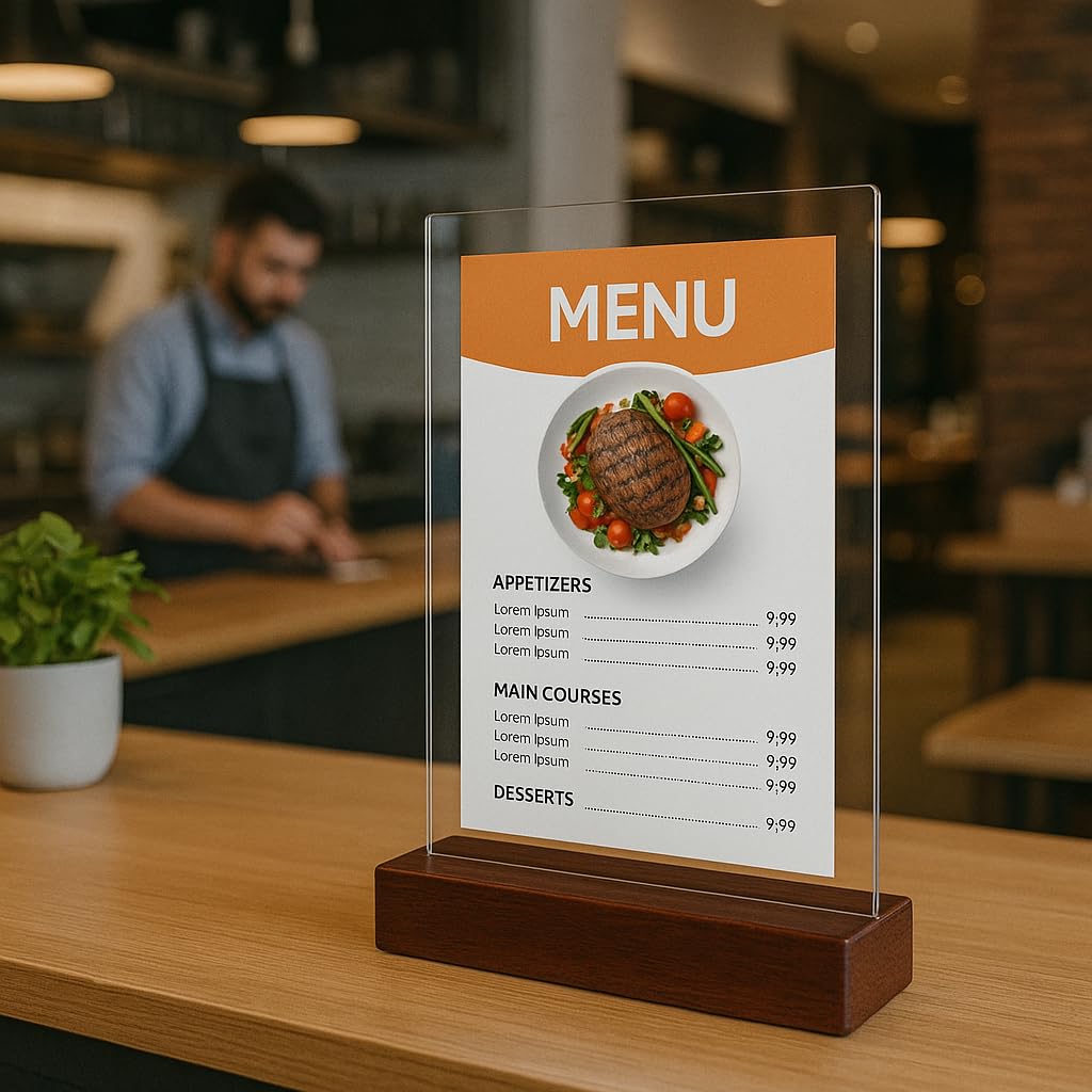 GALIIV Acrylic display stands. For 11 x 8.5 brochures with 2 card holders and wooden base, ideal for displaying restaurant menus, office brochures, and business cards.