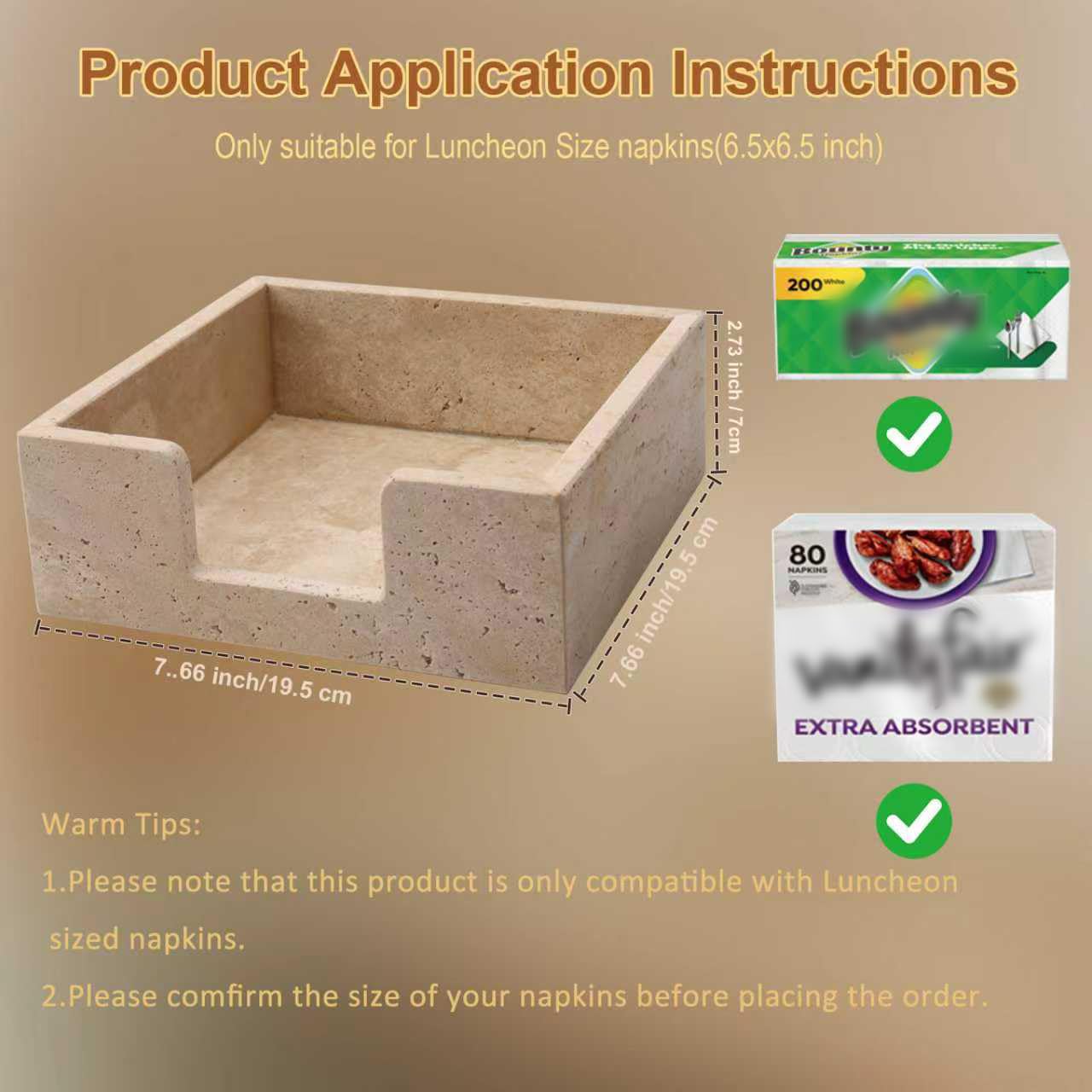 Shonmogar Luncheon Napkin Holder,Travertine Stone Napkin Holders Fit for 6.5”x6.5” Luncheon-Sized Napkins,Stone Napkin Holder for Table Kitchen Counter Dining Room Party Bar Decor,Beige