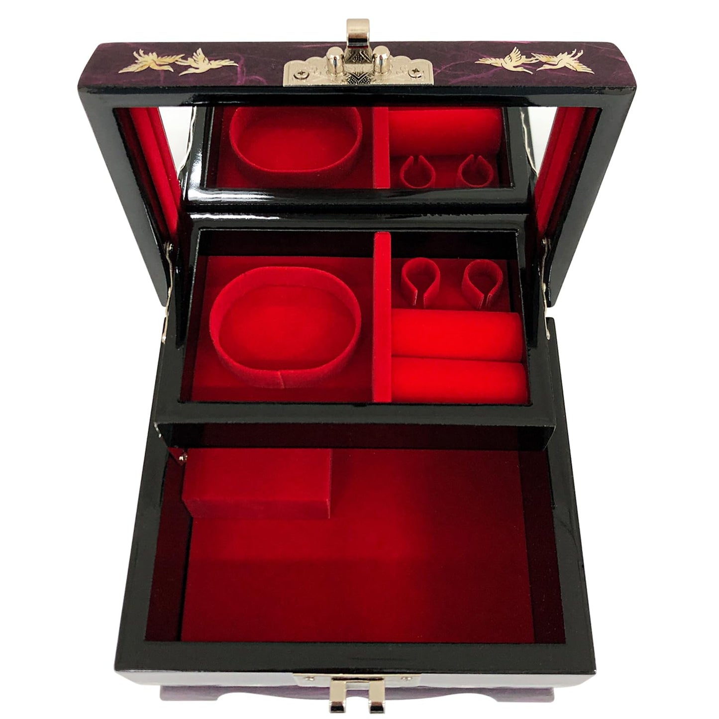 Fun-Store Nacre Inlay Mother of Pearl Music Jewellery Storage Chest Wooden Box Crane with Pin Tree Design Jewelry Mirror Box Keepsake Treasure Gift Box Trinket Case Organizer (Purple)