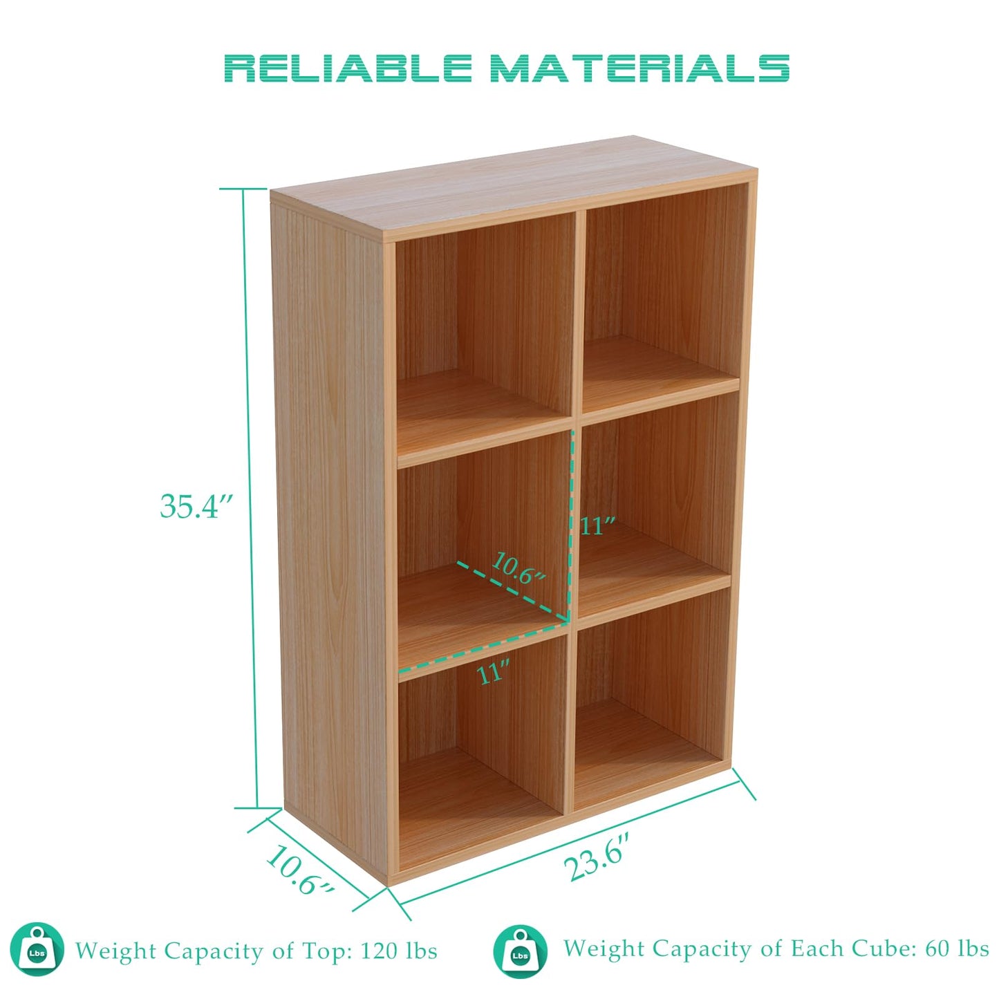 OSCHF 6-Cube Storage Shelf Bookcase - Wooden 3-Tier Floor Standing Open Bookshelf for Home and Office, Display Cabinet, Oak