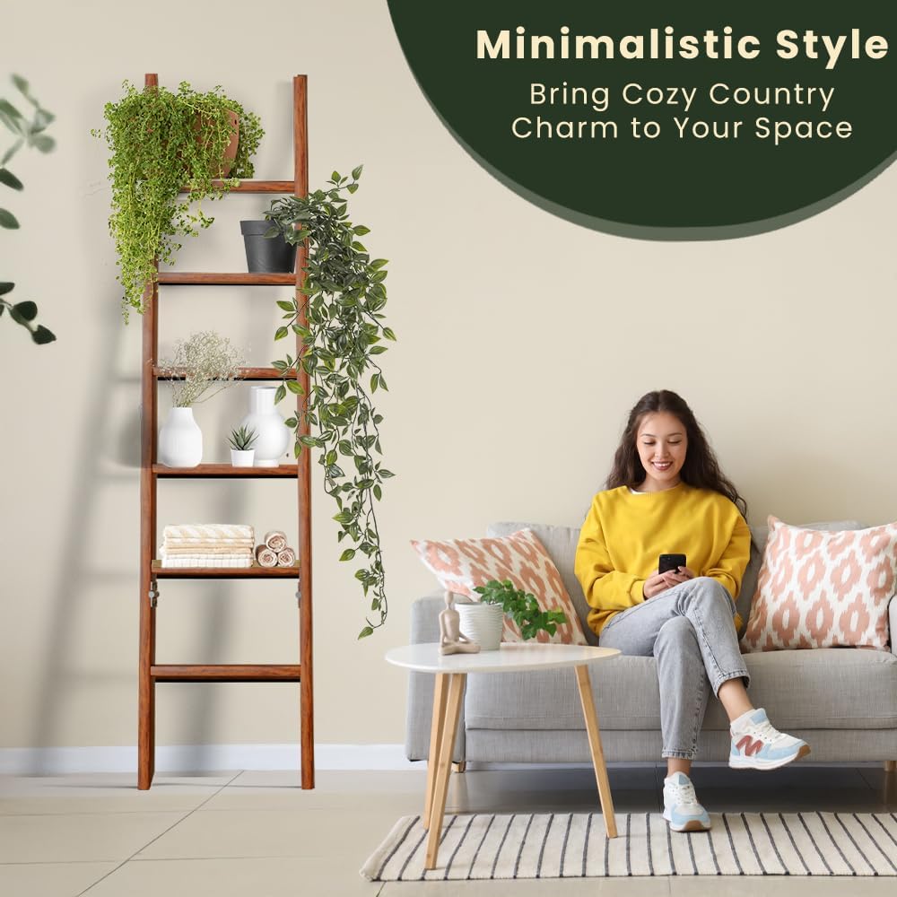 Wooden Blanket Ladder for Living Room 6-Tier, Decorative Ladder Blanket Rack & Quilt Ladder Decor, Rustic Farmhouse Wood Ladder with Removable Hooks, Anti-Slip Sturdy Blanket Holder, 68 Inch, Brown