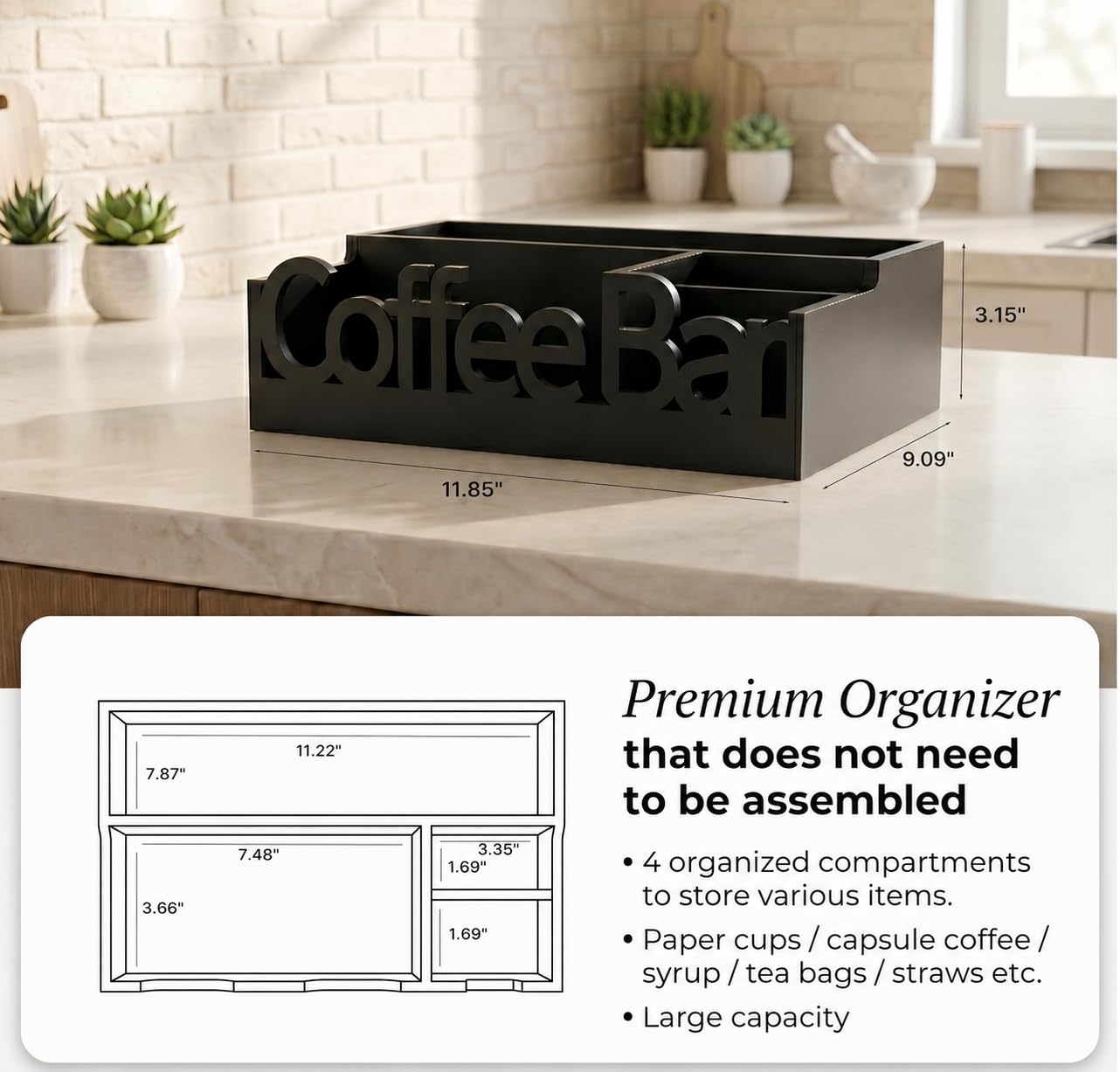 Coffee Bar Organizer Countertop,Wood Caddy with Compartments for Pods,Black