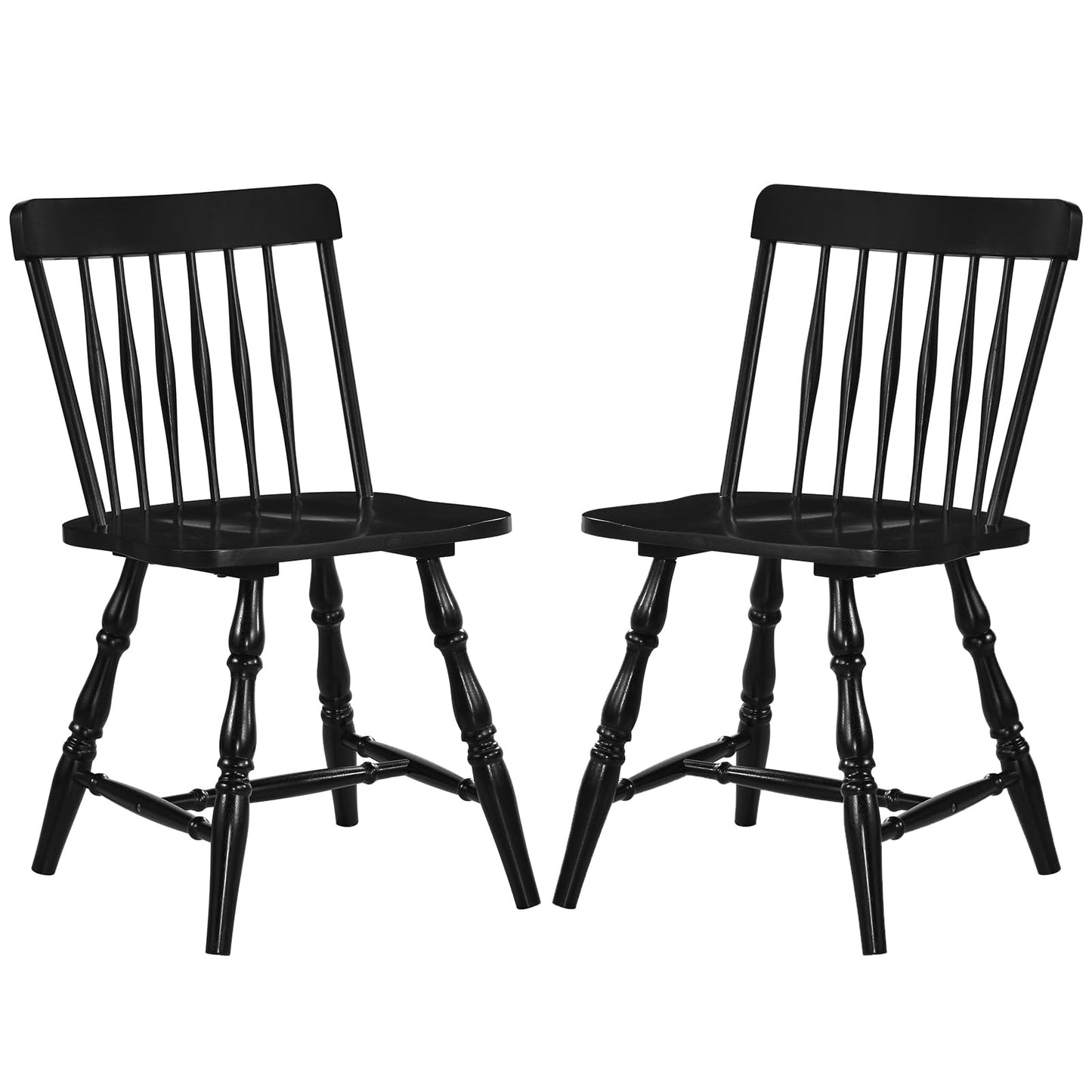Giantex Black Windsor Dining Chairs Set of 2, Farmhouse Rubber Wood Kitchen Chairs with Turned Legs, Curved Spindle Back & Contoured Sat, Wooden Dining Room Chair for Living Room Restaurant