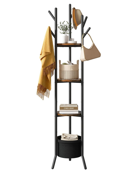 YMYNY Coat Rack, Freestanding Coat Stand with Storage Shelves, Hall Trees with 3 Wooden Shelves and 1 Fabric Basket, Metal Clothes Stand for Hats Bags Hallway Bedroom Rustic Brown UHGR005H