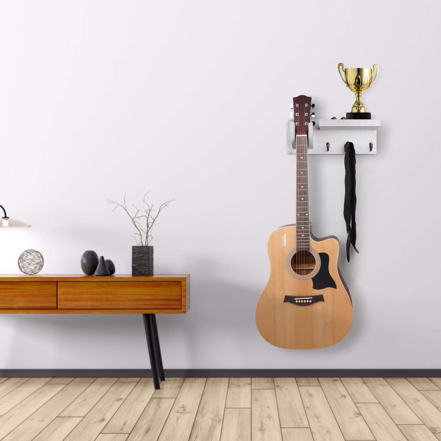 Bikoney Guitar Wall Mount Hanger with Shelf, Guitar Holder Wall with Pick Holder and 3 Hooks, Guitar Stand Wall for Acoustic, Electric, Bass, Ukulele, Vintagte White [U.S. Patent]
