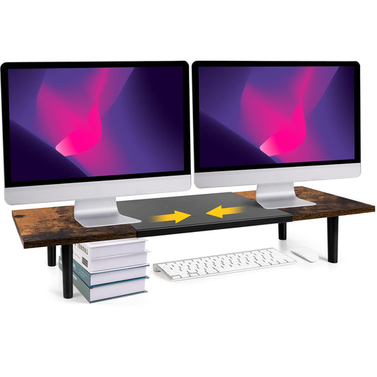 Across-Star Dual-Monitor-Stand-Riser-For-Desk Adjustable Length 32-40 Inch，Large Desktop Computer Monitor Riser For 2 Screens，Desk Shelf Organizer Riser Stand For Computer/Laptop/PC/Printer/TV Black