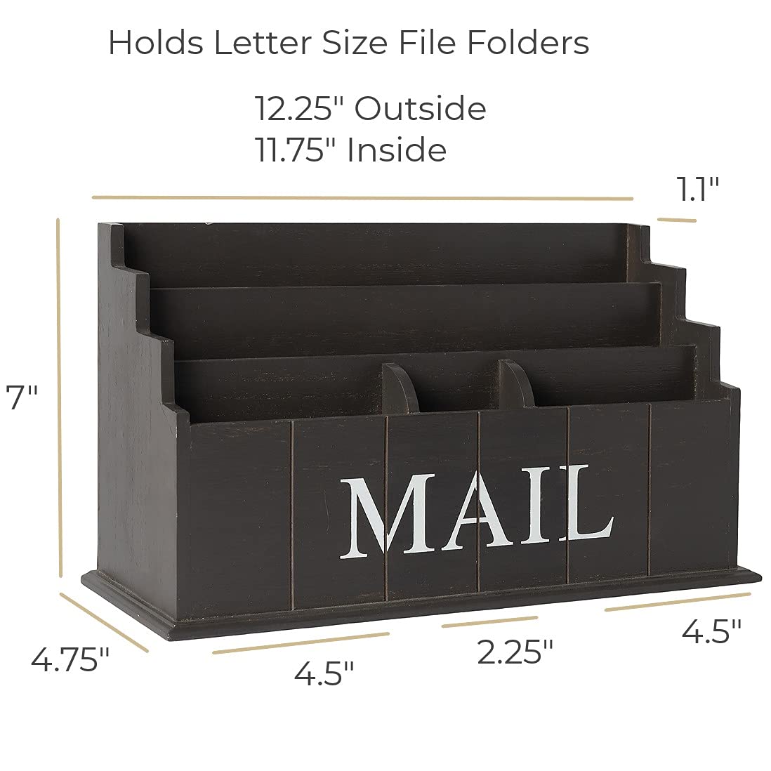BLU MONACO Espresso Brown Wooden Mail Organizer | 3-Tier Rustic Desktop Mail Sorter for Kitchen Counter or Office | Wooden Letter Holder and Bill Storage Caddy | 12.5” x 4.5” x 7” Countertop Organizer