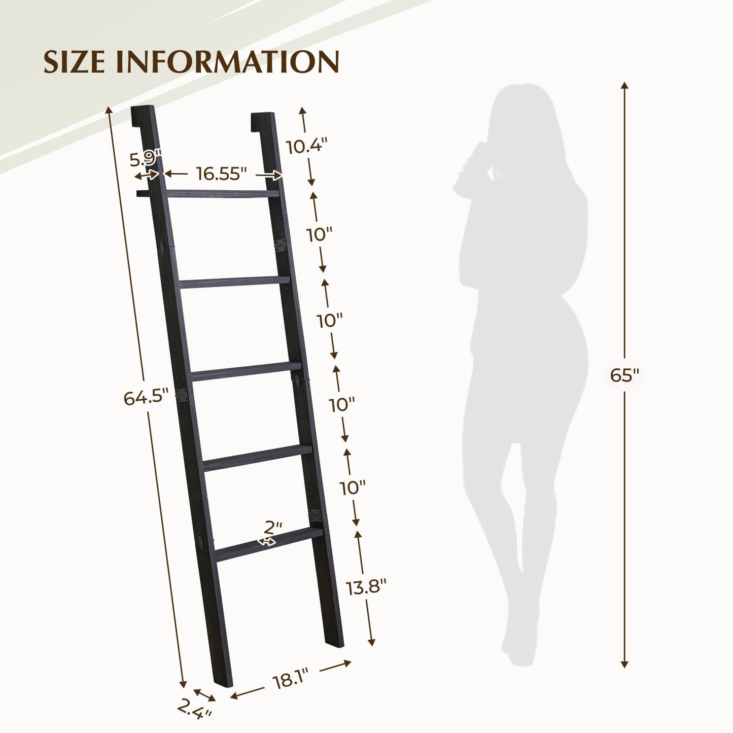 KOSKOG Blanket Ladder with Top Shelf, 5-Tier Wood 64” Decorative Ladder for Living Room Throws, Bedroom Quilt, Bathroom Towel & Toiletry Storage, Home Decor Stand (Black)