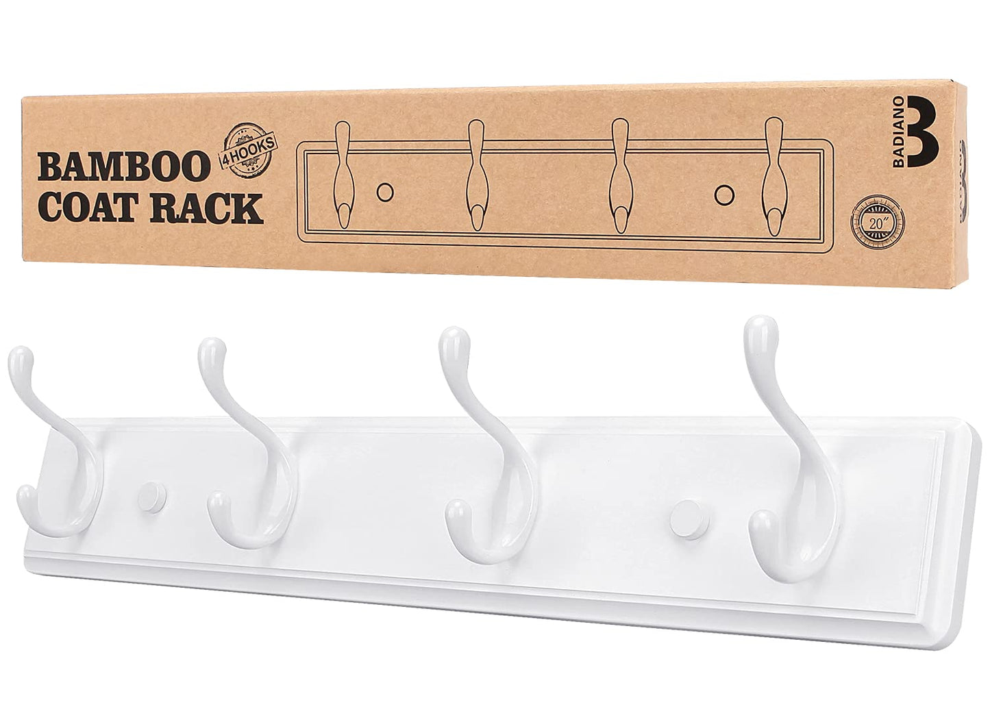 Badiano Wooden Coat Rack, Wall-Mounted Organizer for Closet, Entryway, Hallway, Foyer, Bedroom, Heavy Duty Double Hooks for Hanging Towels, Bags, Hats, Jackets, Key (White, 4 Hooks)