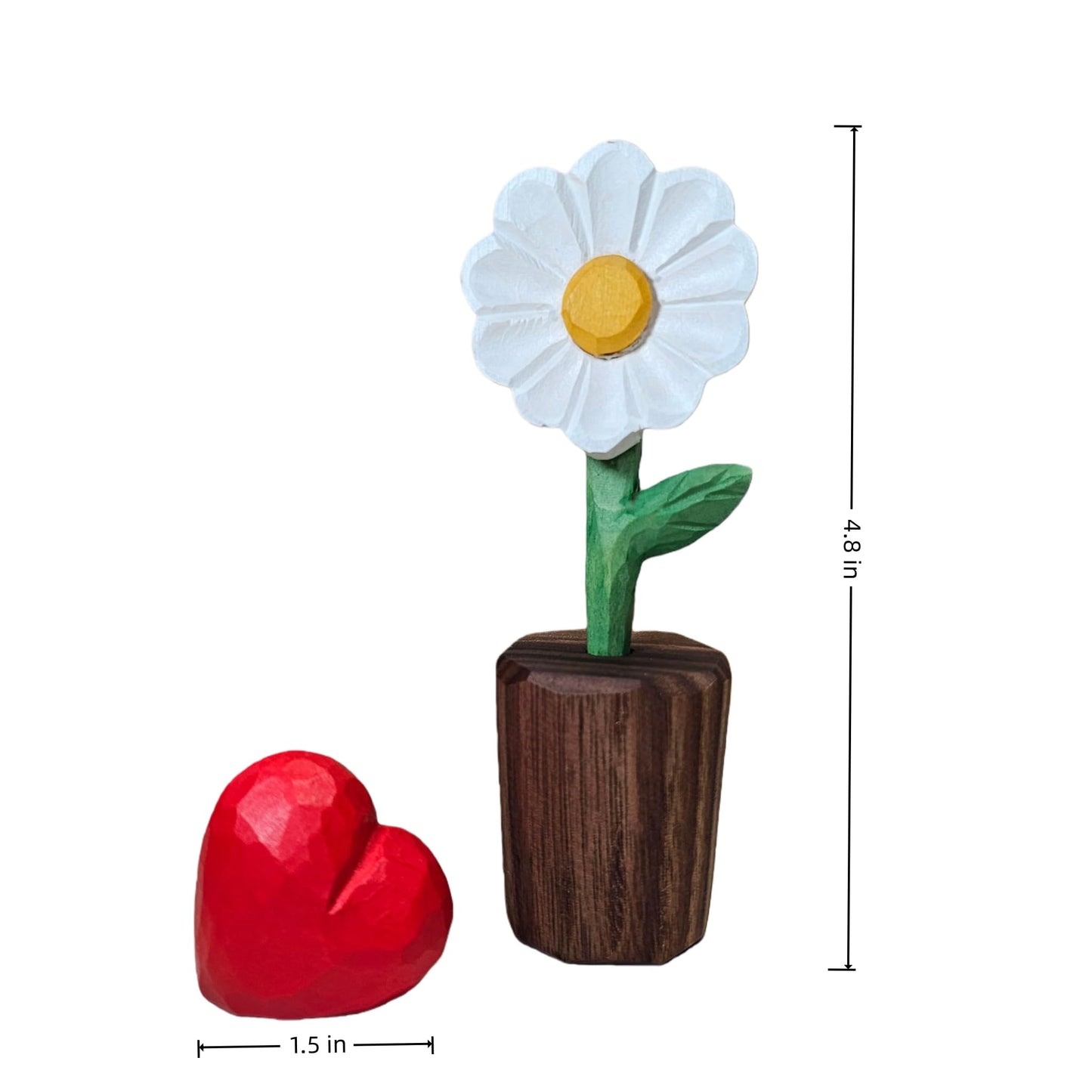 WOODEN ISLANDS Hand-Carved Wooden Flower with Red Heart - Handcrafted Everlasting Wood Sculpture - 5th Anniversary, Valentine's Day, Birthday Gift for Her - Gift Box Included (White Daisy)