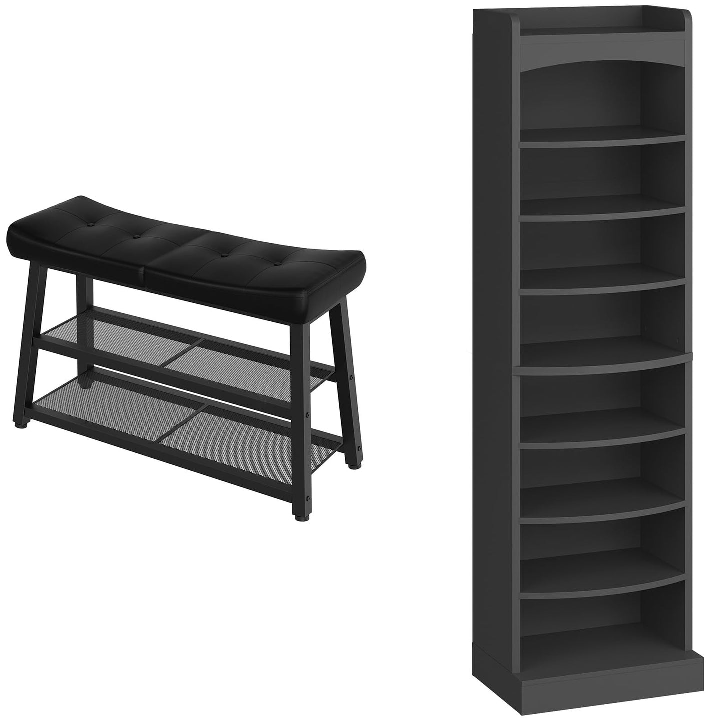 YATINEY Shoe Bench and 9-Tier Tall Shoe Rack, Wooden Shoe Storage Organizer, Narrow Shoe Cabinet with Removable Shelves for Small Spaces HX02BB-SS22BK