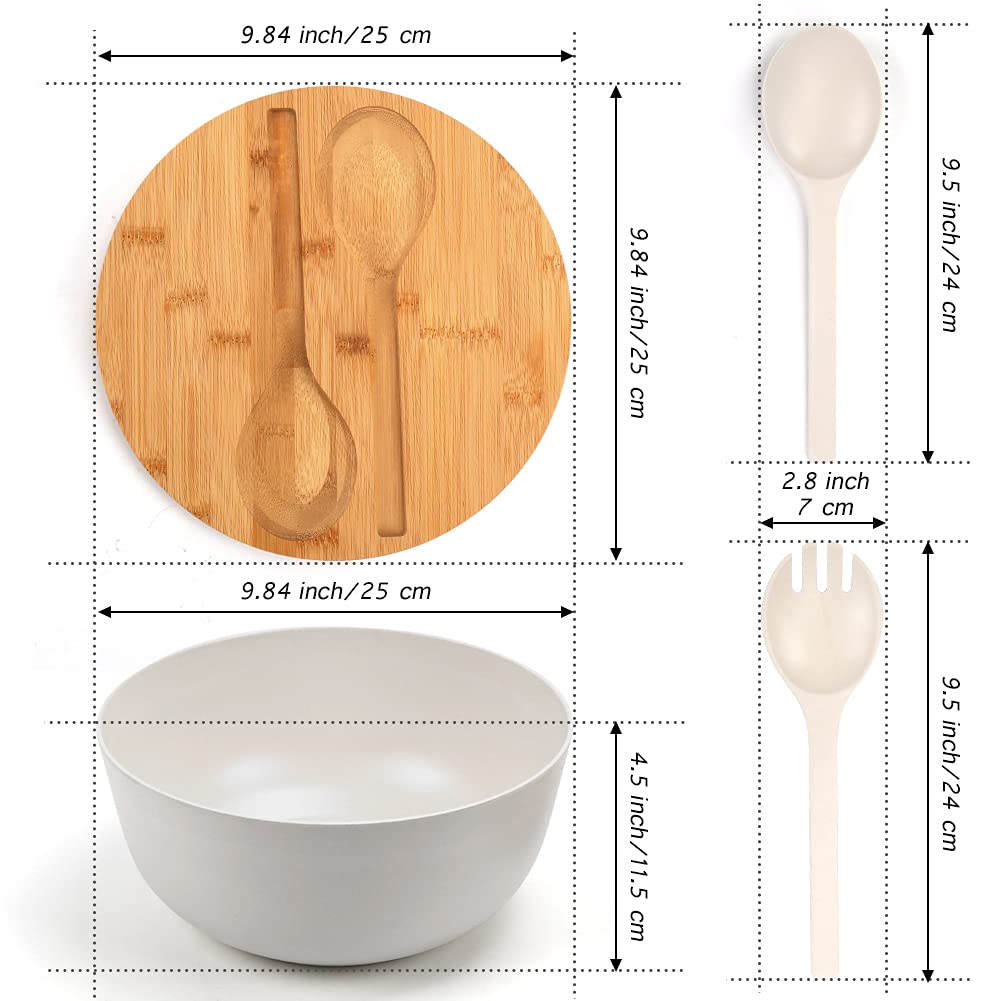 ShineMe Large Salad Bowl with Lid, Bamboo Fiber Salad Serving Bowl Set with Utensils, 9.8inches Mixing Bowl with Servers, Solid Bamboo Wooden Bowl for Candy, Salad, Fruits, Vegetables and Pasta(White)