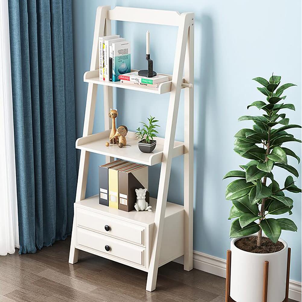 Wddwymll 2-Tier Ladder Shelf Industrial Bookcase,Storage Display Shelving with Drawer and 2 Shelves,Leaning Rustic Bookcases,for Living Room,Bedroom,Office(60×35×140cm)