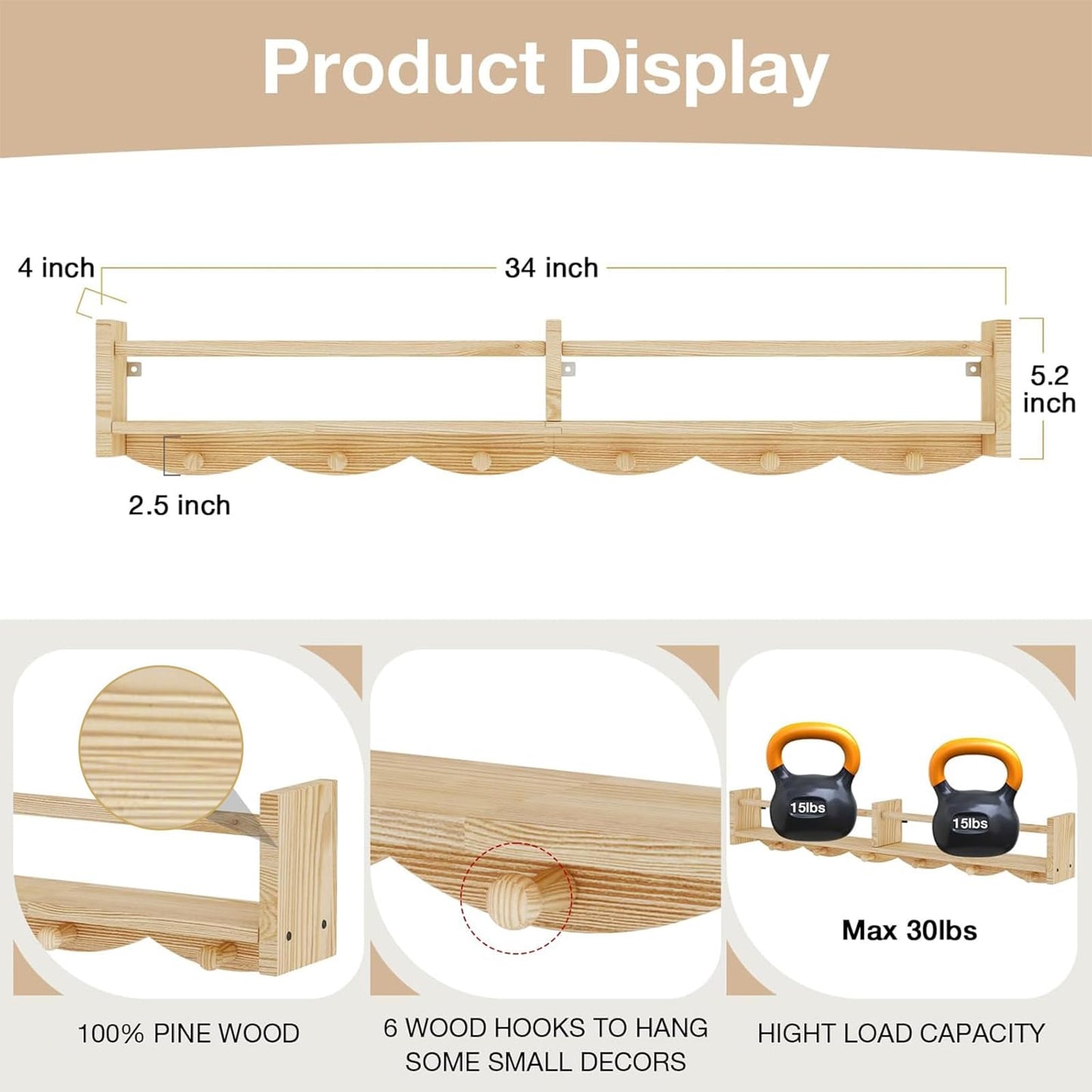 ECOOCE 34Inch Nursery Bookshelves,Set of 4,Wall Floating Shelf Kids Coat Rack with 6Hooks,Hanging Book Shelf for Baby Nursery Room Décor， Patent Number: 29958098(Burlywood, 34)