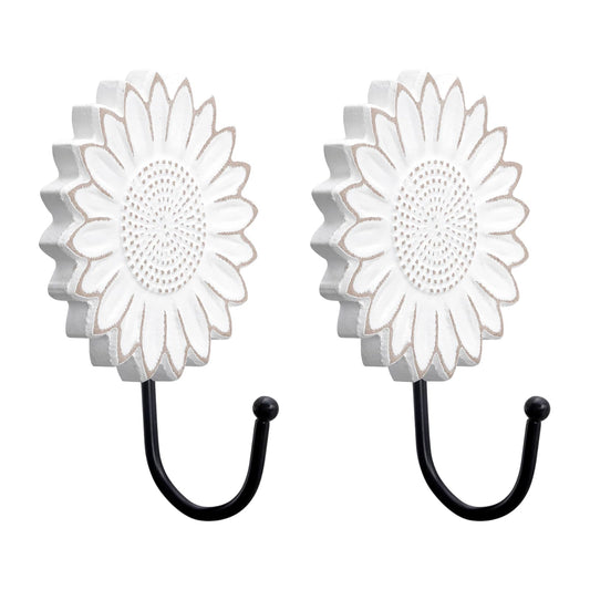 TRENDIN Rustic Wooden Sunflower Wall Hooks Set of 2, Distressed White Decorative Wall Hooks for Coats, Hats, Bags, and Keys, Farmhouse Floral Home Decor for Entryway, Bedroom or Living Room