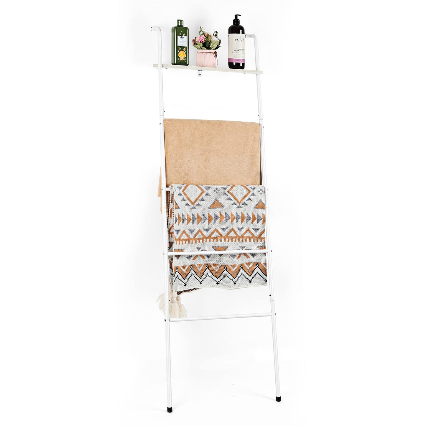 Blanket Ladder Farmhouse Towel Rack Holder for Bathroom, Wall Leaning Decorative Quilt Rack with Shelf, Rustic Blanket Storage for Living Room Bedroom Home Decor, White