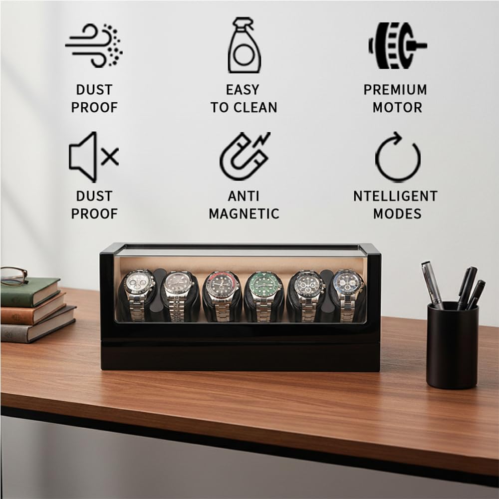 Mineesi Automatic Watch Winder for 6 Watches with Ultra-Quiet Japanese Motor, Dual Power Supply, Acrylic Display Case for Rolex, Automatic Watches - M160 Series