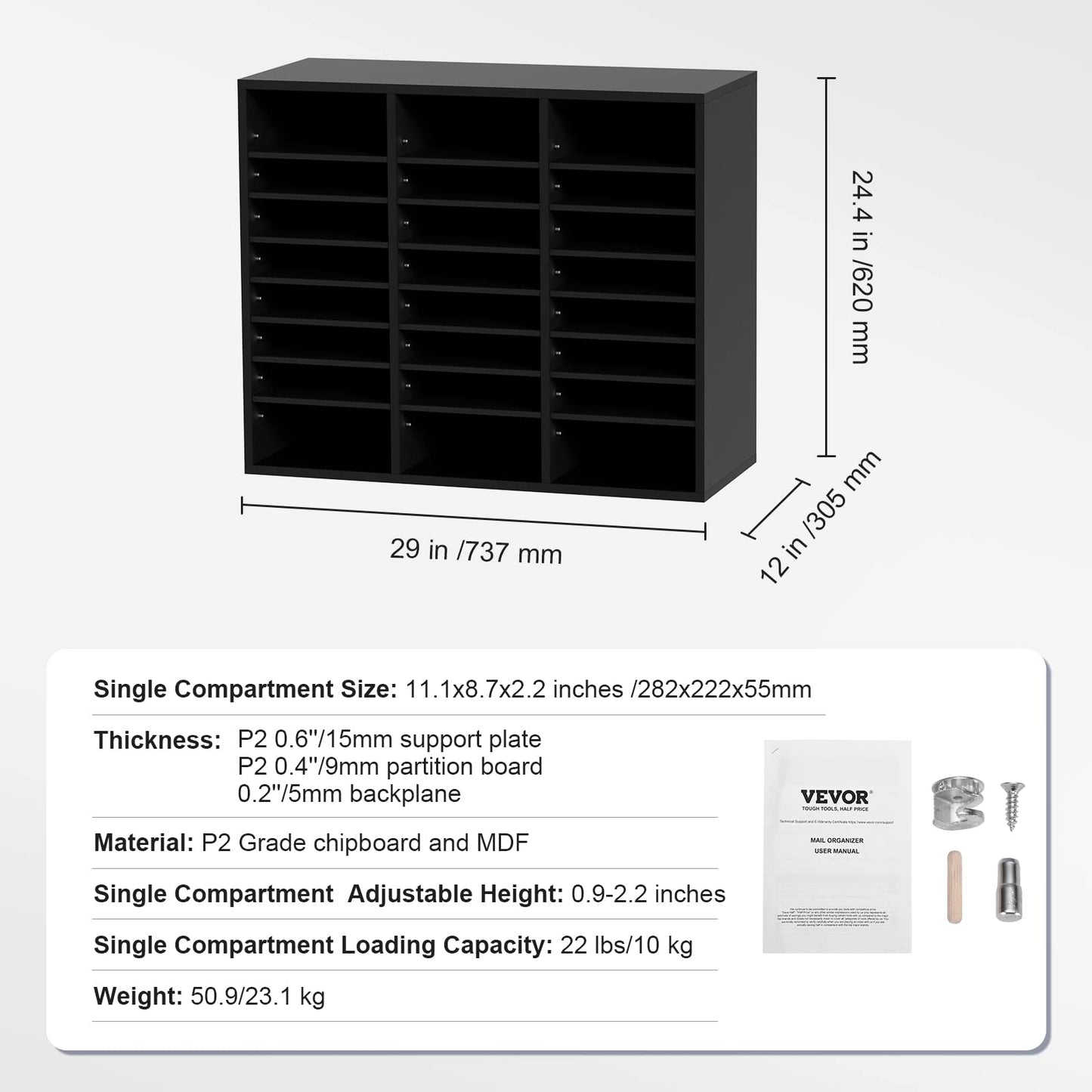 VEVOR Literature Organizers, 24 Compartments Office Mailbox with Adjustable Shelves, Wood Literature Sorter 29x12x24.4 inches for Office, Home, Classroom, Mailrooms Organization, EPA Certified Black