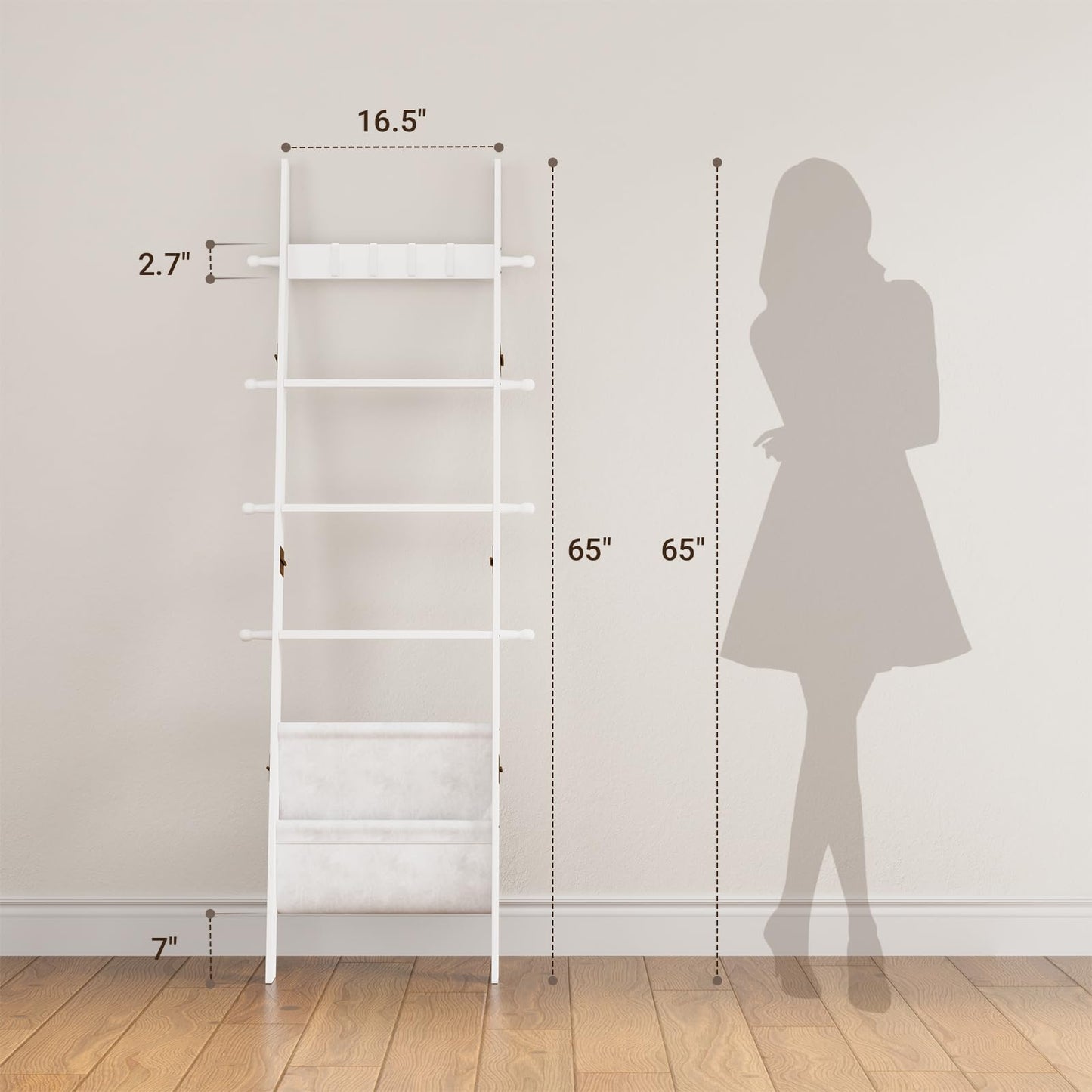 ELYKEN Blanket Ladder for Living Room, 5-Tier Wooden Towel Rack with Synthetic Leather Pocket, 4 Removable Hooks, Decorative Leaning Ladder Shelf for Bedroom, White