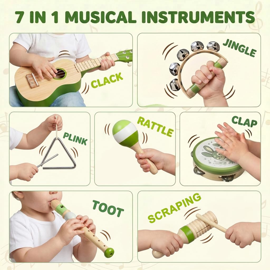 Raimy Kids Guitar Set, 7 in 1 Wooden Musical Instruments for Toddlers 3+ Montessori Music Toys Set with Ukulele/Tambourine/Hand Bell/Clarinet/Guiro/Maraca for Boys Girls Birthday Gift (Green)